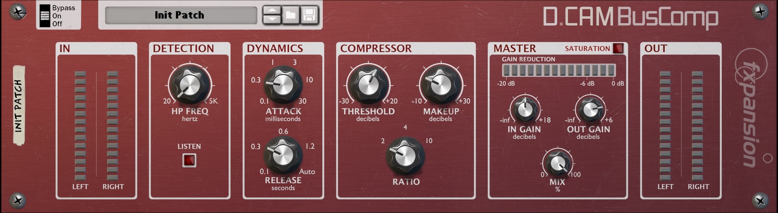 screen capture of the DCAM BusComp device in the Reason Rack. It's a red device, with controls grouped by thick white borders.